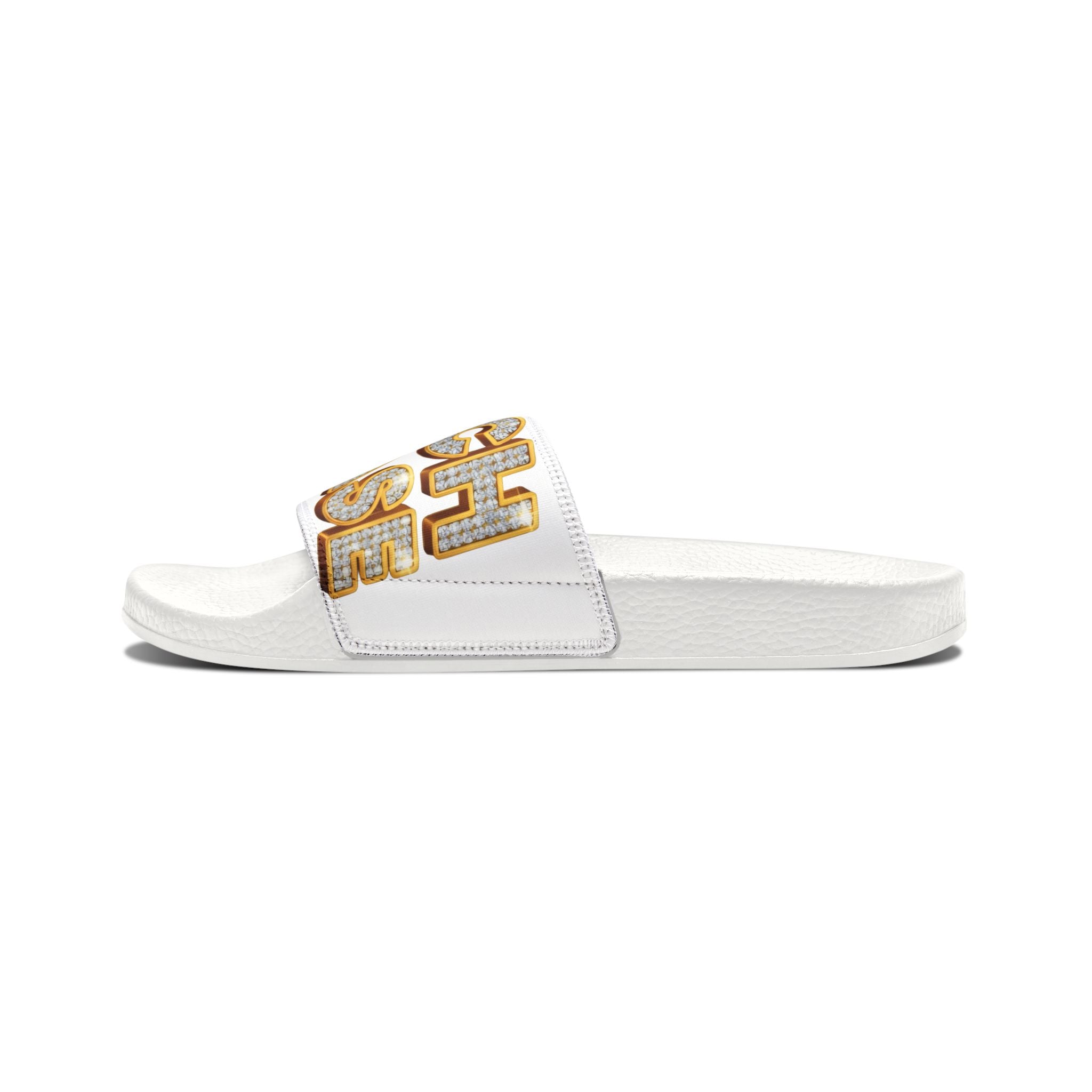 Youth Slide Sandals — 'Bitch Please' Gold Marquee Graphic