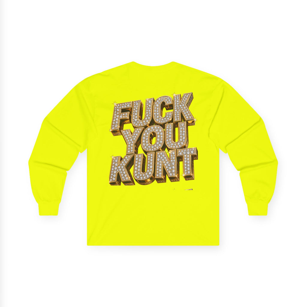 Long Sleeve Tee — Bold ‘DGAF’ Cat Graphic & Gold 3D Profanity Back