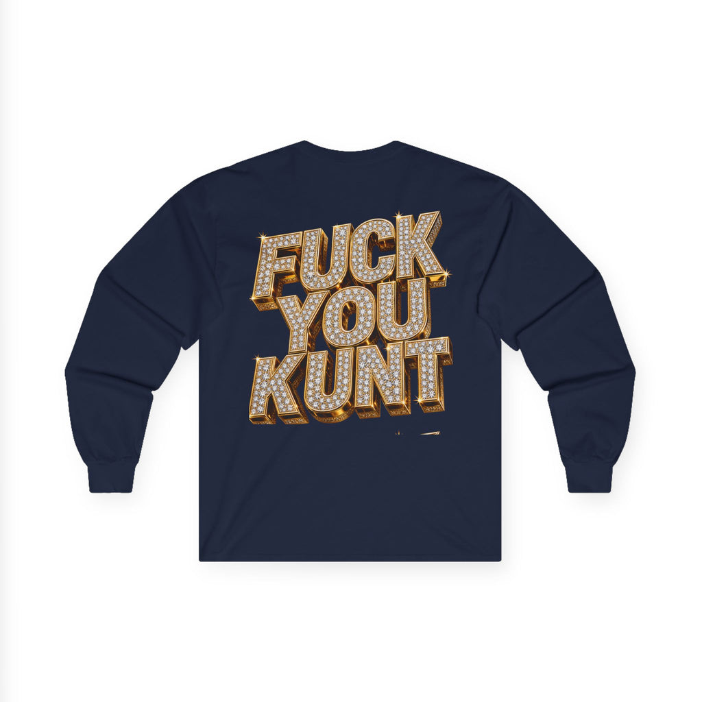 Long Sleeve Tee — Bold ‘DGAF’ Cat Graphic & Gold 3D Profanity Back