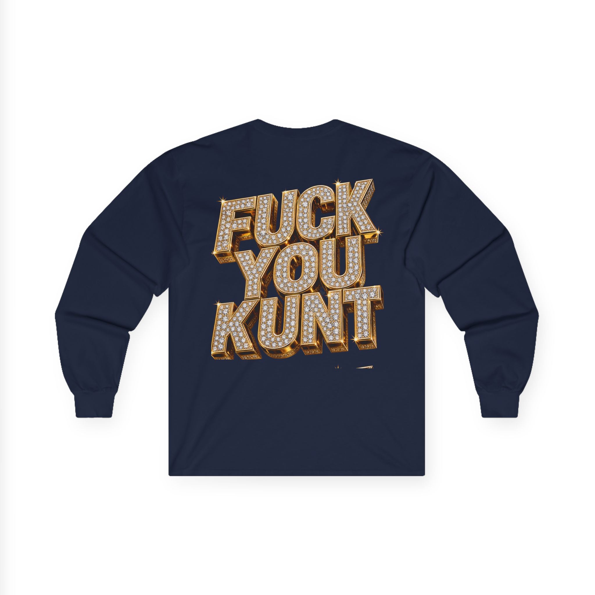Long Sleeve Tee — Bold ‘DGAF’ Cat Graphic & Gold 3D Profanity Back