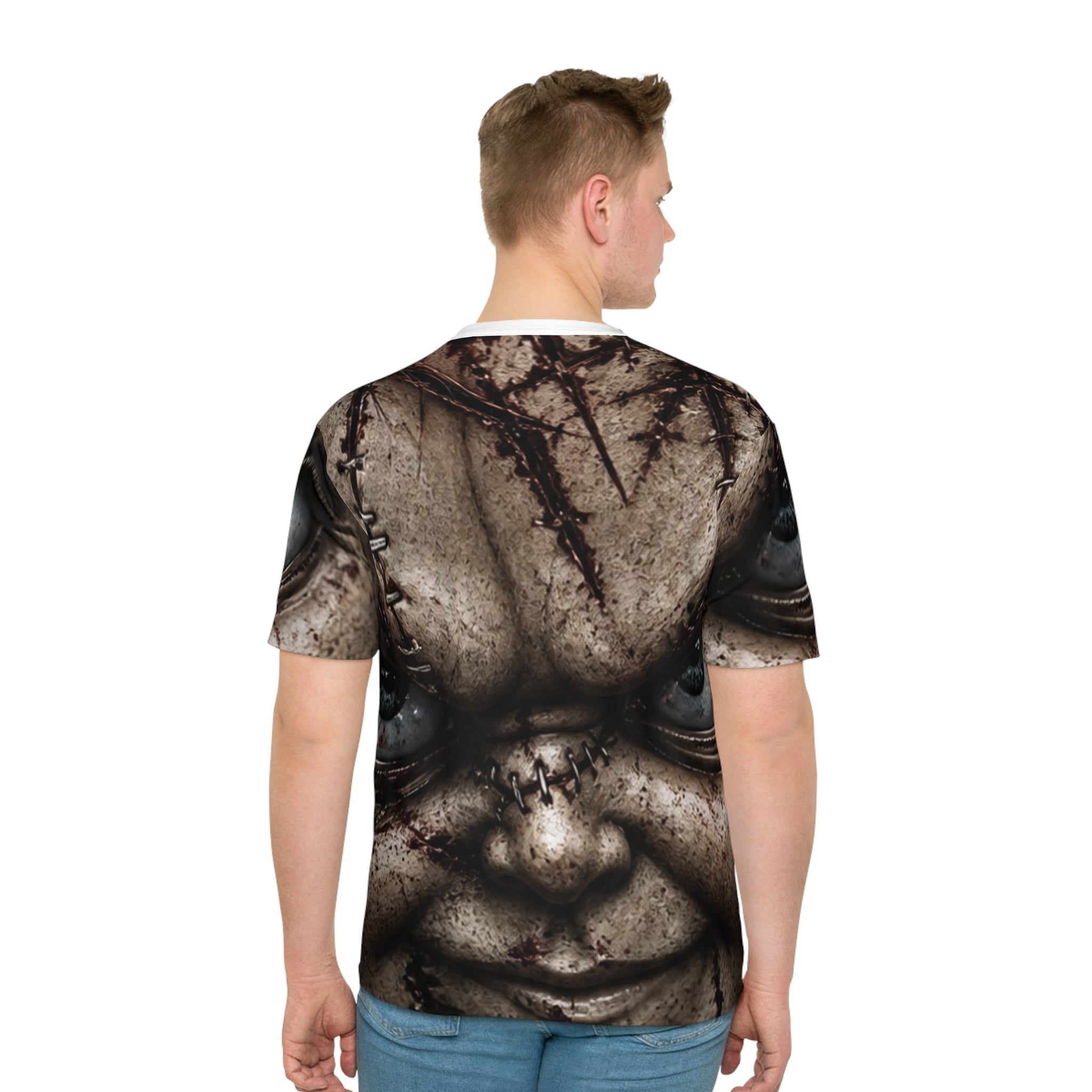 Men's Graphic T-Shirt — 'Mr. Dead' Creepy Doll Face All-Over Print - mrdgaf.shop