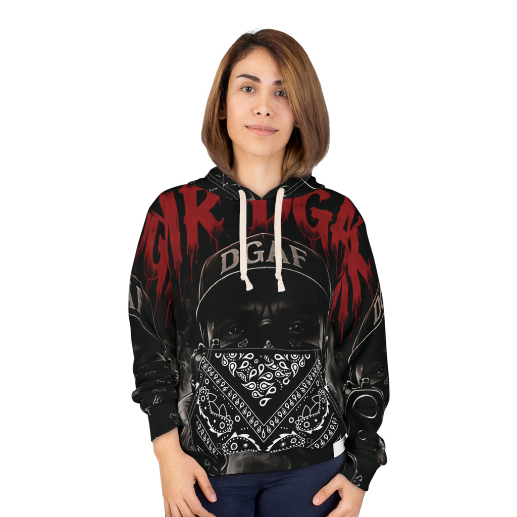 Hoodie — 'DGAF' Streetwear All-Over Print Pullover with Graphic Bandana Mask & Gun Motif