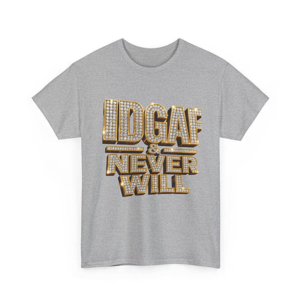 IDGAF Never Will Tee — Bold Rhinestone Text Graphic T‑Shirt
