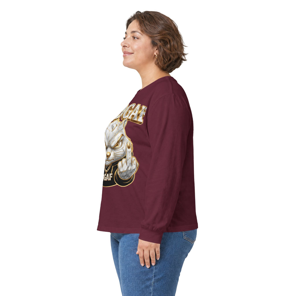 Long Sleeve Tee — Bold ‘DGAF’ Cat Graphic & Gold 3D Profanity Back