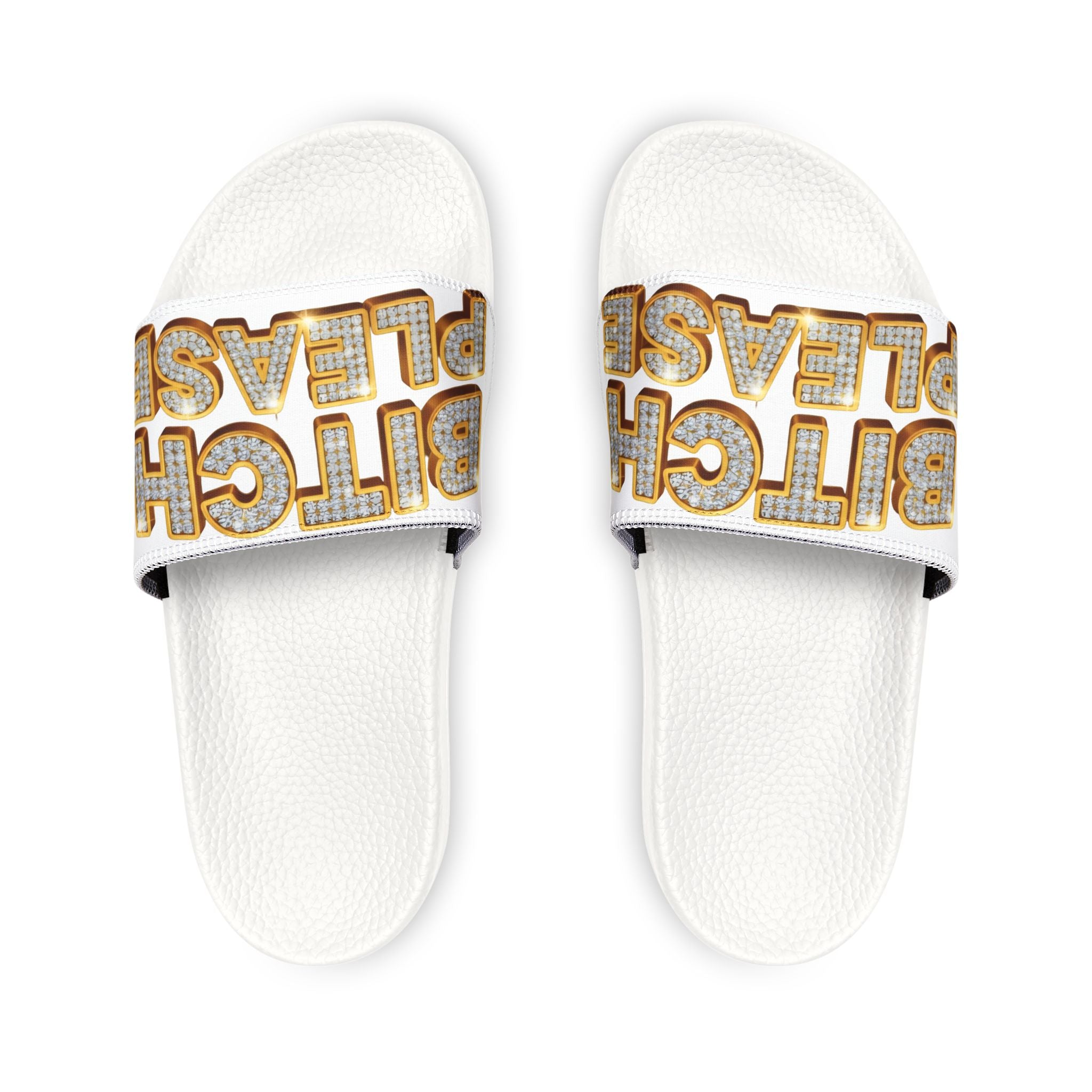 Youth Slide Sandals — 'Bitch Please' Gold Marquee Graphic
