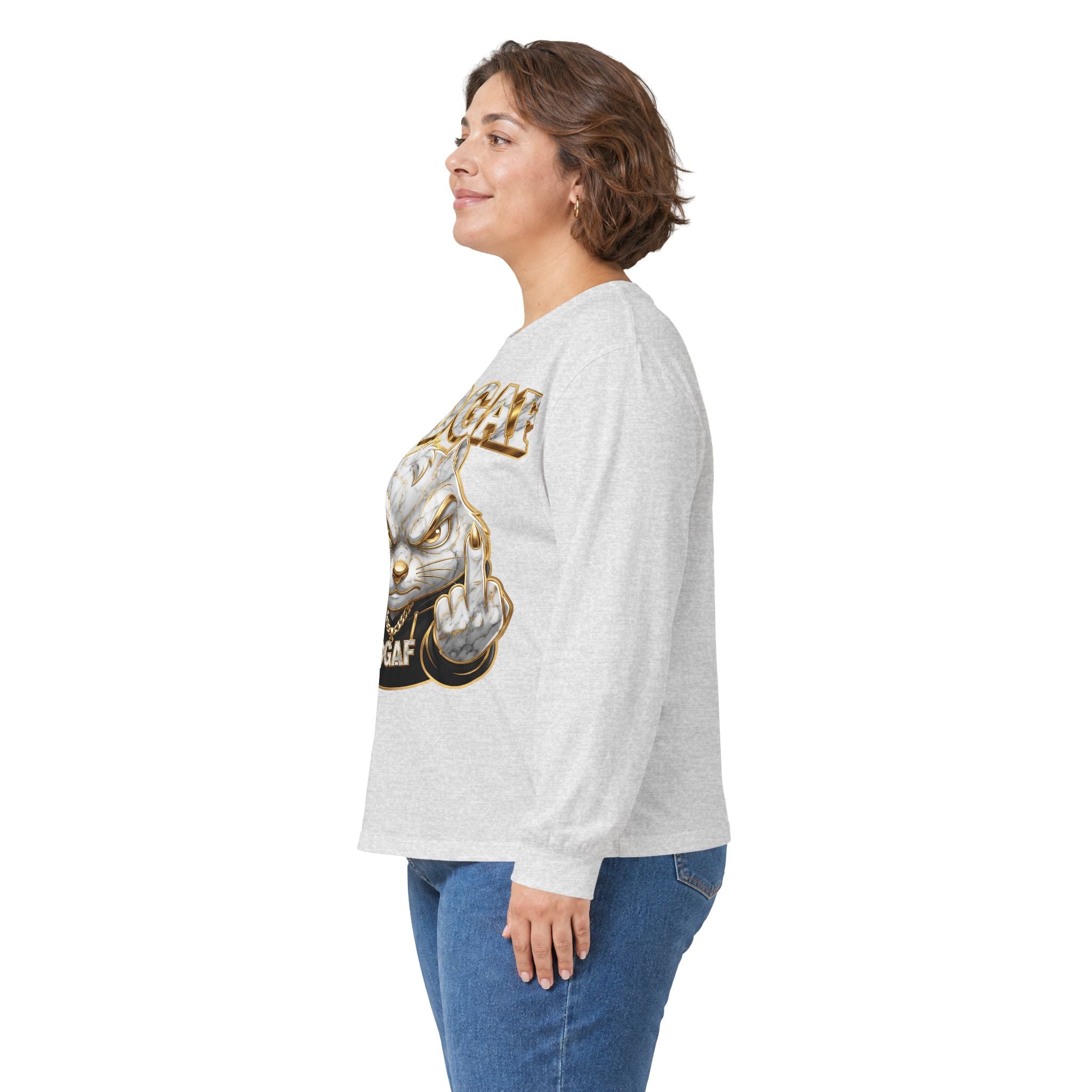 Long Sleeve Tee — Bold ‘DGAF’ Cat Graphic & Gold 3D Profanity Back