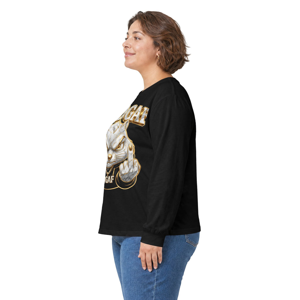 Long Sleeve Tee — Bold ‘DGAF’ Cat Graphic & Gold 3D Profanity Back
