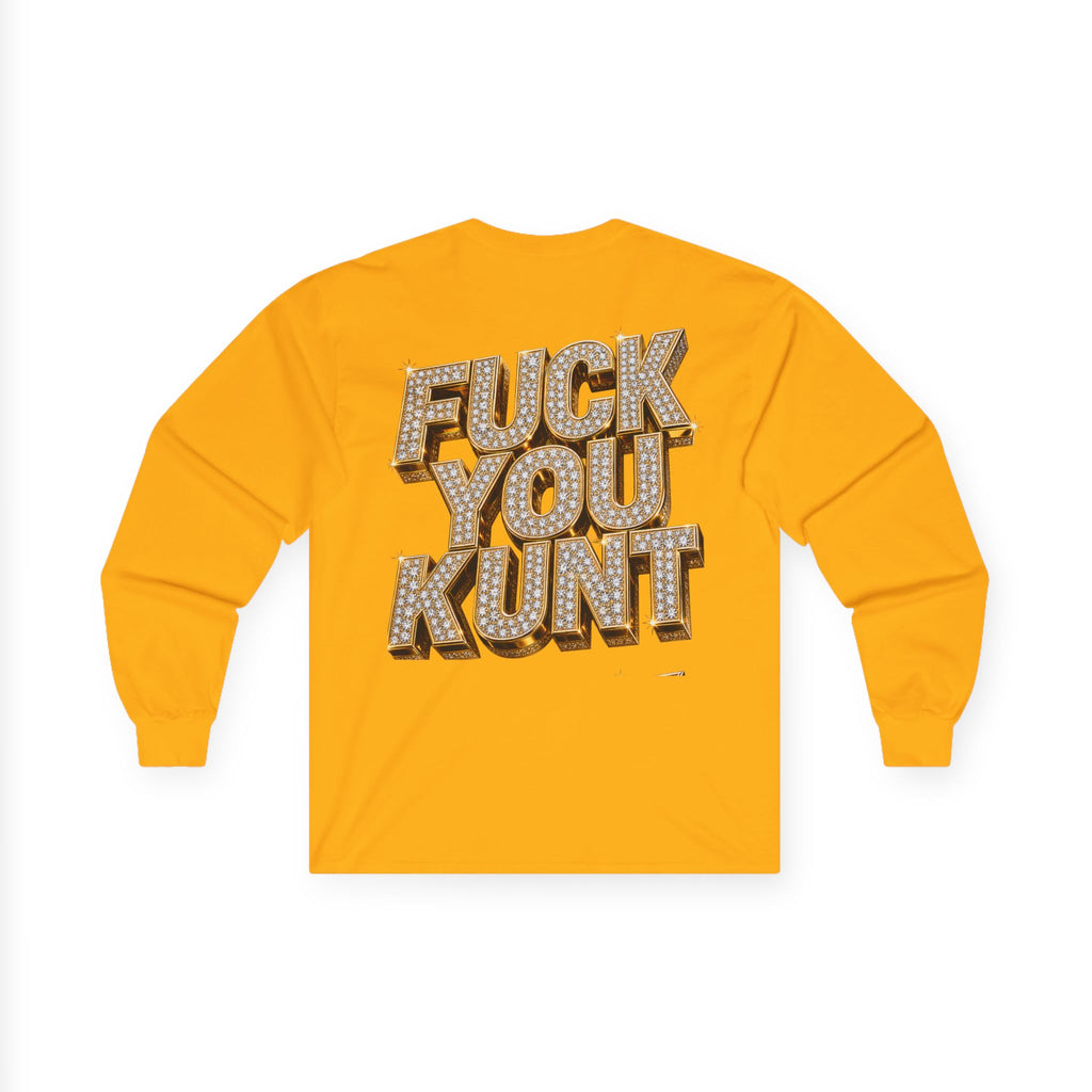 Long Sleeve Tee — Bold ‘DGAF’ Cat Graphic & Gold 3D Profanity Back
