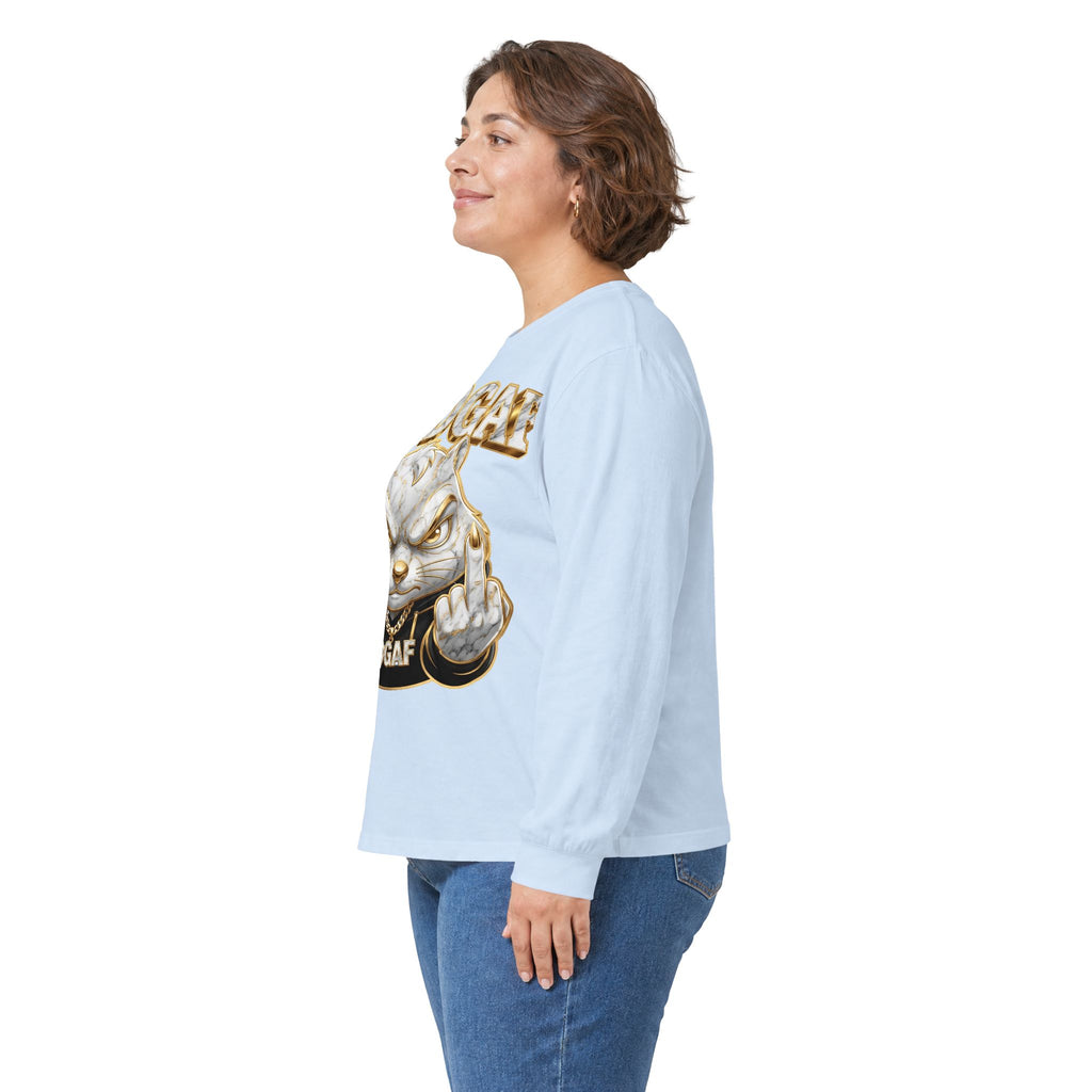 Long Sleeve Tee — Bold ‘DGAF’ Cat Graphic & Gold 3D Profanity Back