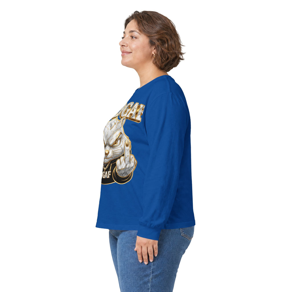 Long Sleeve Tee — Bold ‘DGAF’ Cat Graphic & Gold 3D Profanity Back