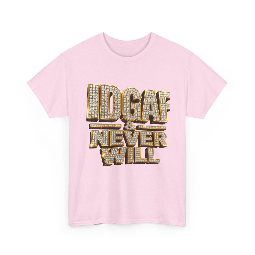 IDGAF Never Will Tee — Bold Rhinestone Text Graphic T‑Shirt