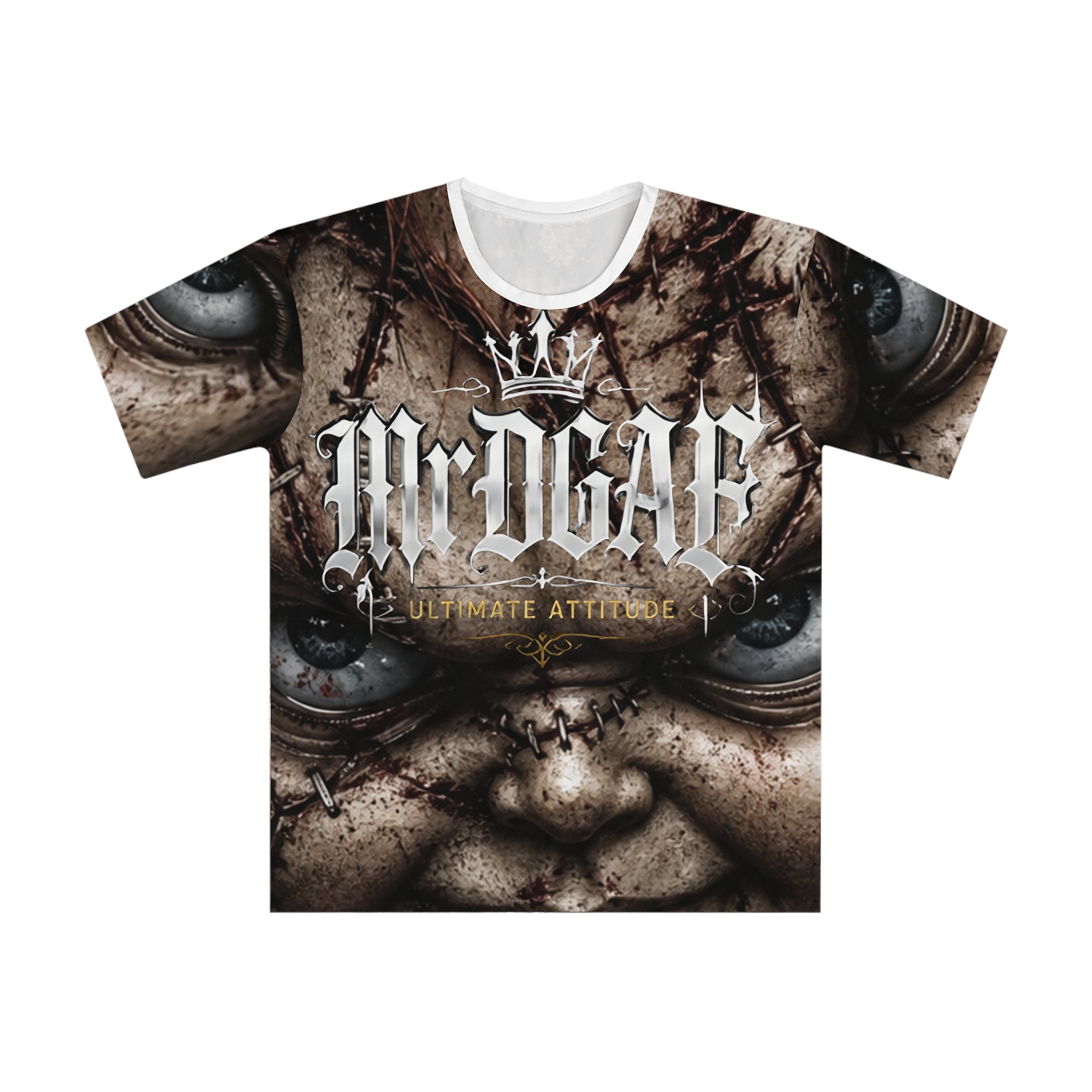 Men's Graphic T-Shirt — 'Mr. Dead' Creepy Doll Face All-Over Print - mrdgaf.shop