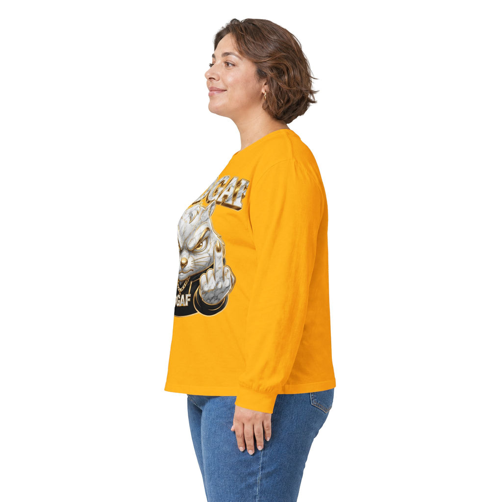 Long Sleeve Tee — Bold ‘DGAF’ Cat Graphic & Gold 3D Profanity Back
