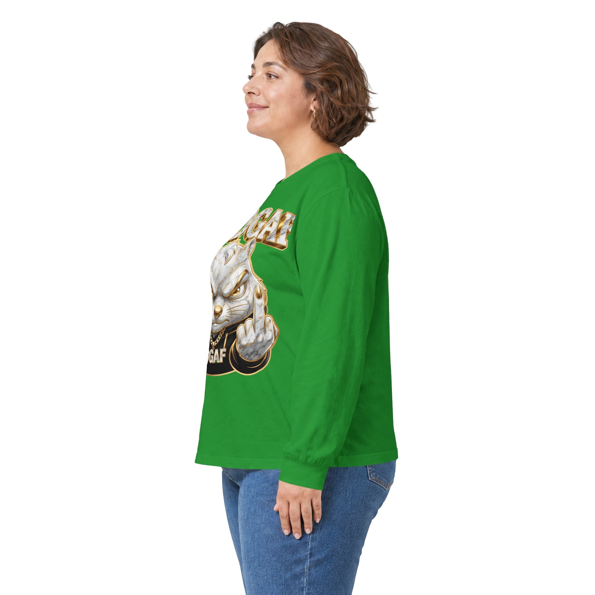 Long Sleeve Tee — Bold ‘DGAF’ Cat Graphic & Gold 3D Profanity Back