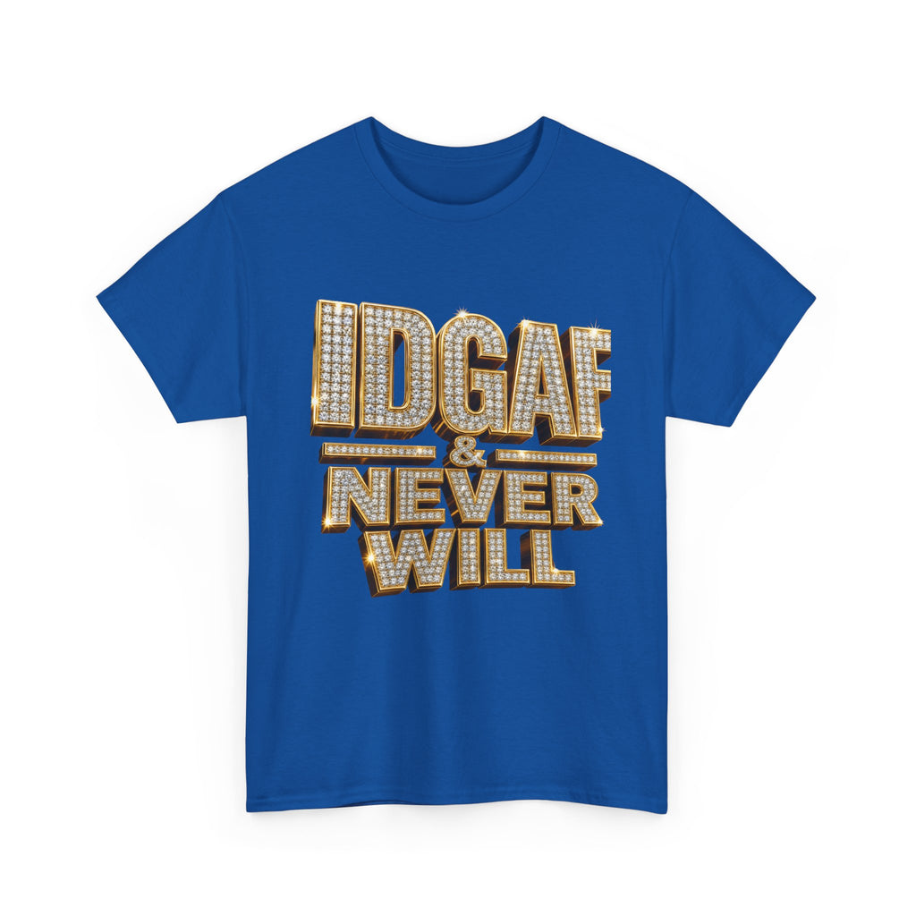 IDGAF Never Will Tee — Bold Rhinestone Text Graphic T‑Shirt