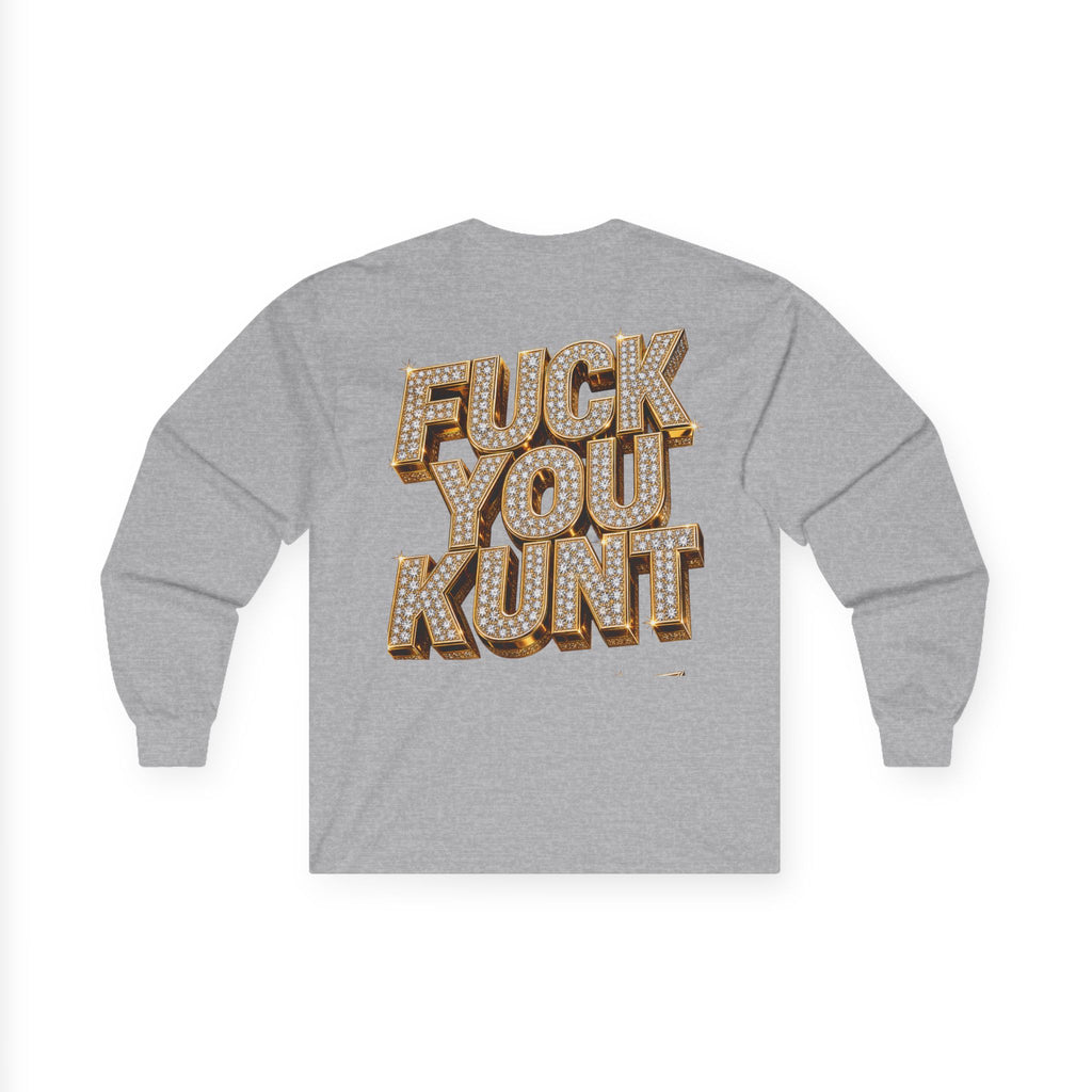 Long Sleeve Tee — Bold ‘DGAF’ Cat Graphic & Gold 3D Profanity Back