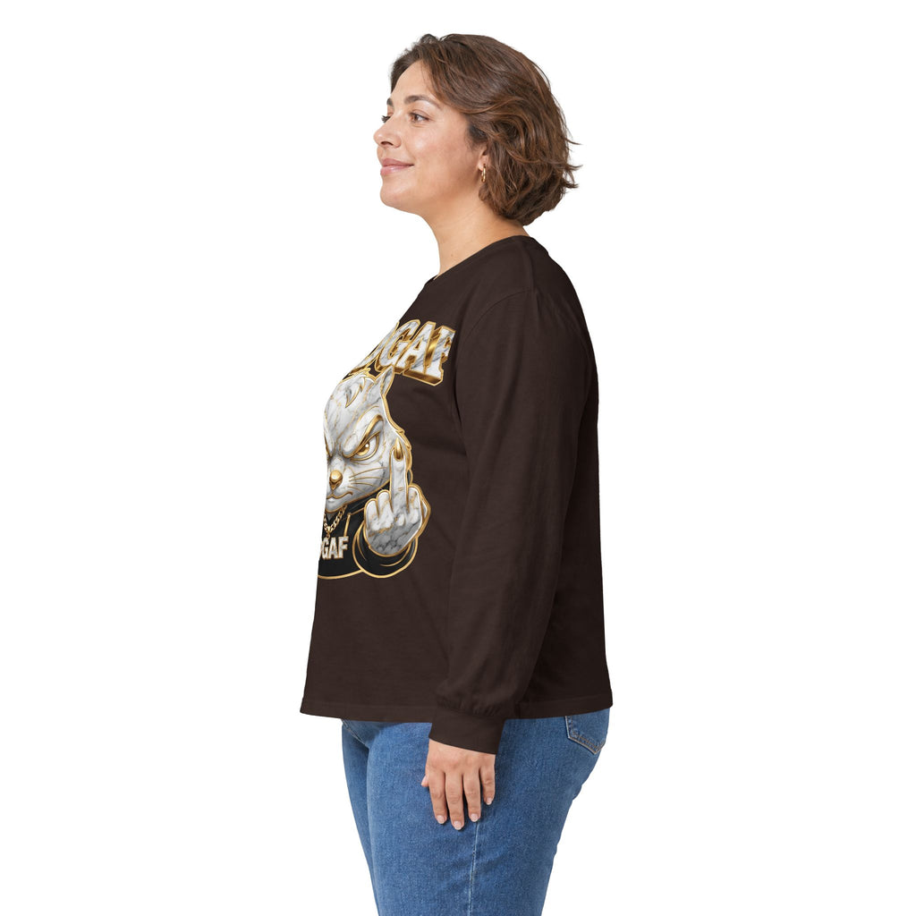 Long Sleeve Tee — Bold ‘DGAF’ Cat Graphic & Gold 3D Profanity Back