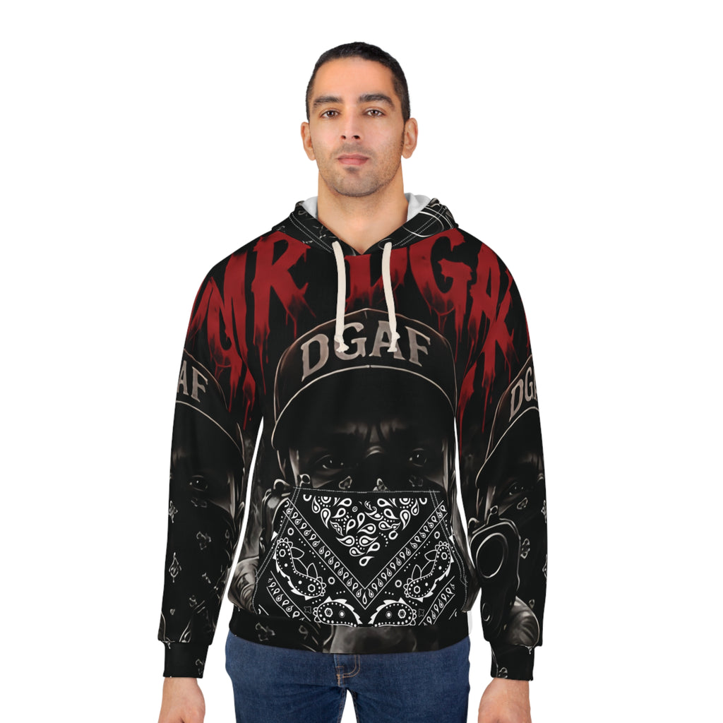 Hoodie — 'DGAF' Streetwear All-Over Print Pullover with Graphic Bandana Mask & Gun Motif