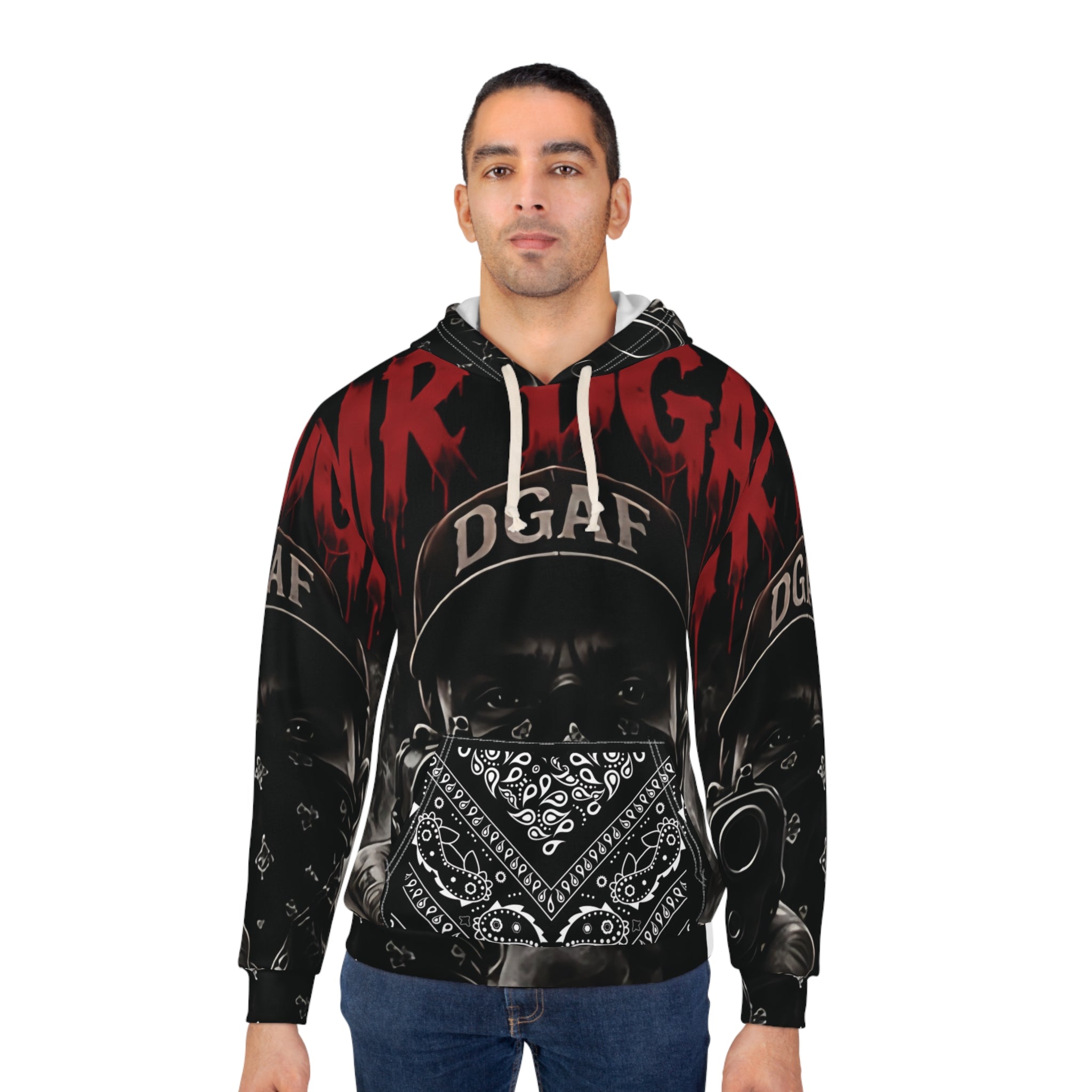 Hoodie — 'DGAF' Streetwear All-Over Print Pullover with Graphic Bandana Mask & Gun Motif