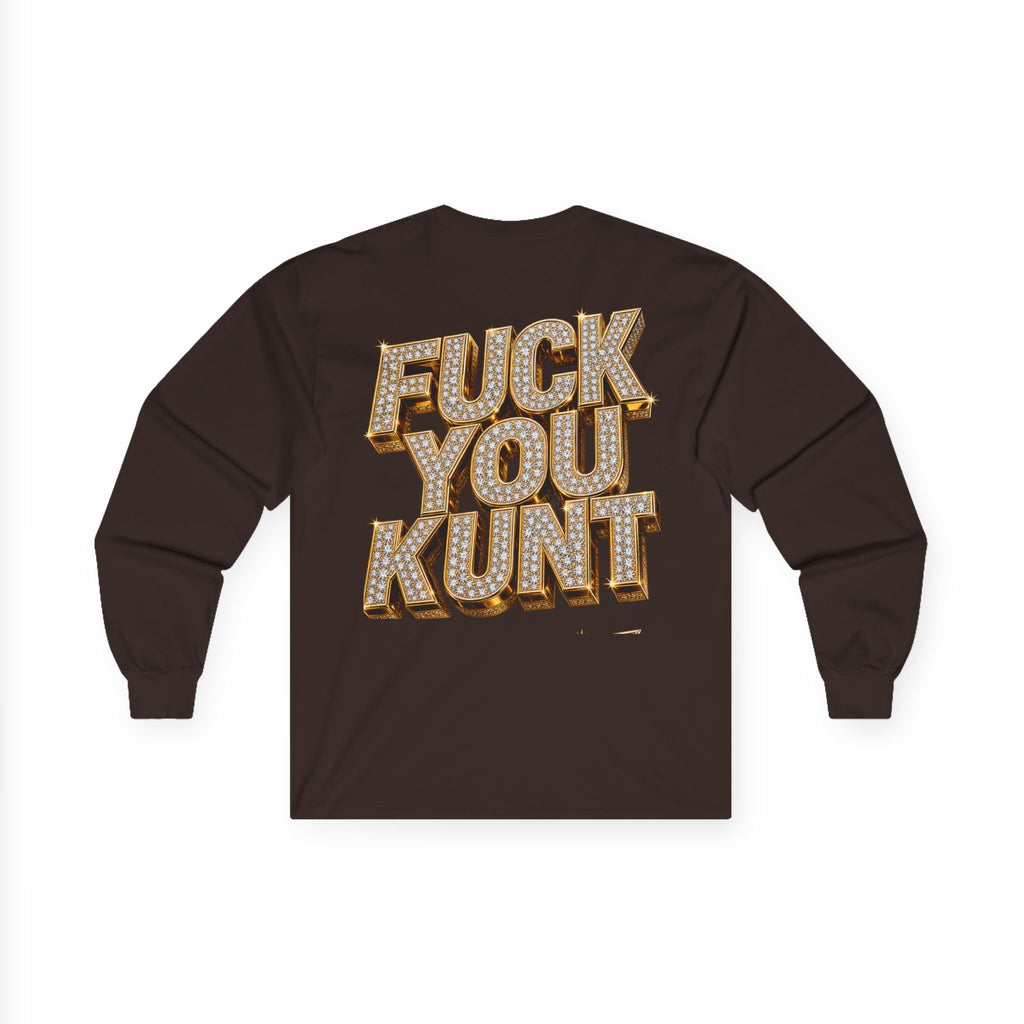 Long Sleeve Tee — Bold ‘DGAF’ Cat Graphic & Gold 3D Profanity Back