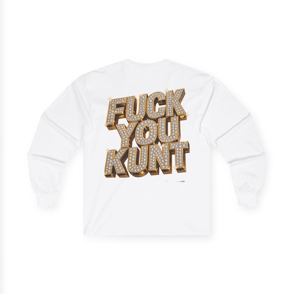 Long Sleeve Tee — Bold ‘DGAF’ Cat Graphic & Gold 3D Profanity Back