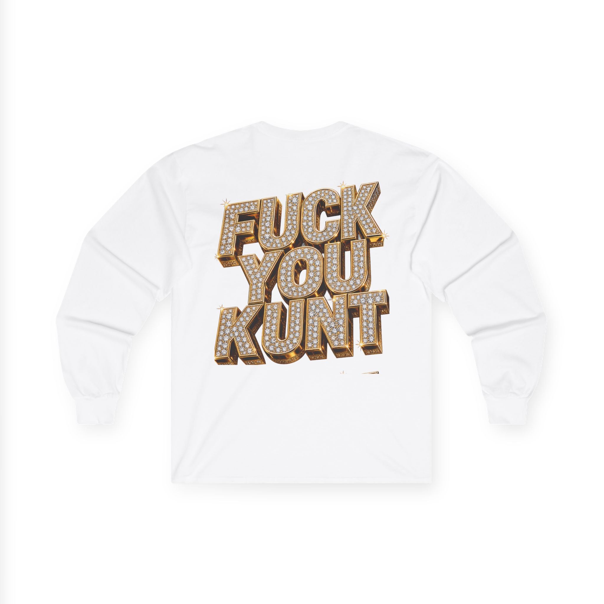 Long Sleeve Tee — Bold ‘DGAF’ Cat Graphic & Gold 3D Profanity Back