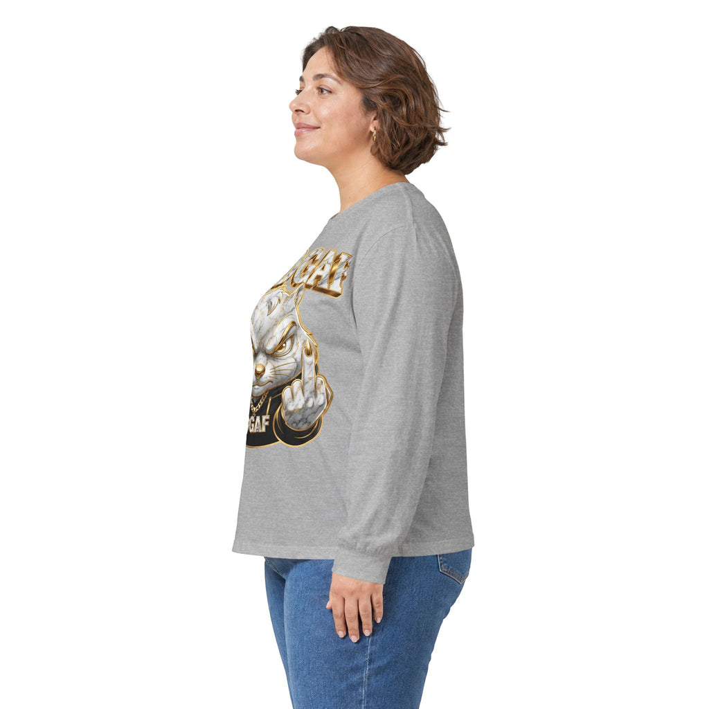 Long Sleeve Tee — Bold ‘DGAF’ Cat Graphic & Gold 3D Profanity Back