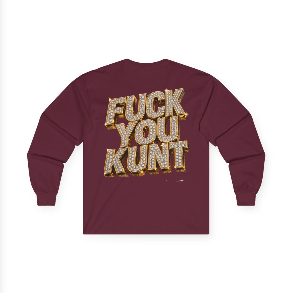Long Sleeve Tee — Bold ‘DGAF’ Cat Graphic & Gold 3D Profanity Back