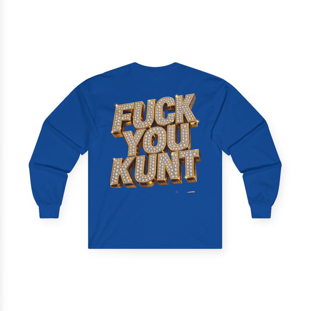 Long Sleeve Tee — Bold ‘DGAF’ Cat Graphic & Gold 3D Profanity Back