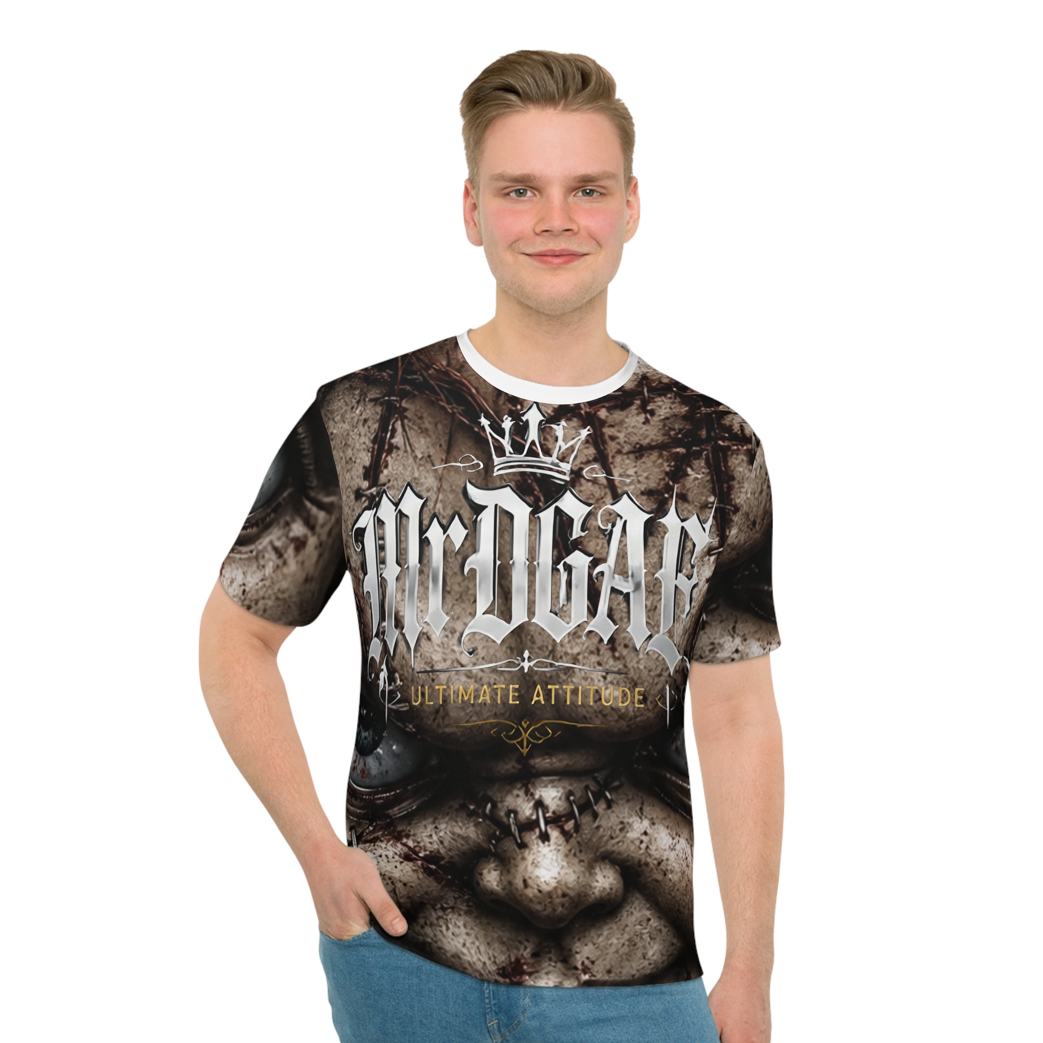 Men's Graphic T-Shirt — 'Mr. Dead' Creepy Doll Face All-Over Print - mrdgaf.shop